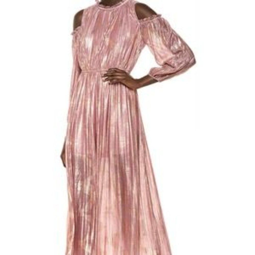 New Moon River pink metallic gold shoulder maxi dress